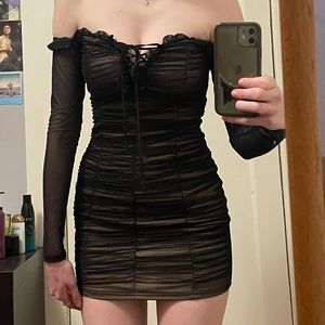 black ruched off the shoulder mini dress fits S/M
